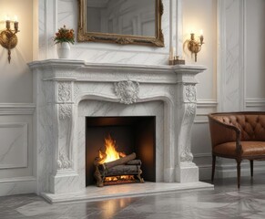 Ornate white marble fireplace adorned with burning wood, elegance, firewood, luxury home