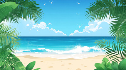 Fototapeta na wymiar Tropical Beach Scene Palm Trees and Clear Blue Ocean