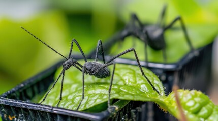 Close-Up of Intriguing Black Insects on Green Leaves in Nature