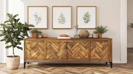 Wooden sideboard with plants and botanical prints in a bright room.