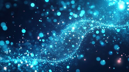 Fototapeta premium Swirling glowing light particles flow in a dark space, with soft background lights. Use graphic design