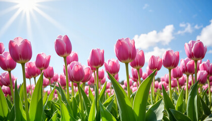 Fototapeta premium Vibrant pink Easter tulips blooming under bright sunlight, spring celebration