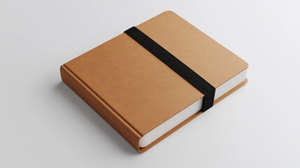 Closed tan notebook, elastic band, white background; education, office