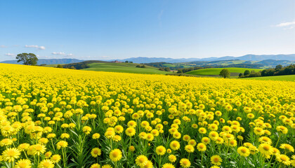 Vibrant yellow flowers blooming in countryside landscape, pastoral beauty
