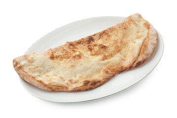 One delicious stuffed calzone isolated on white