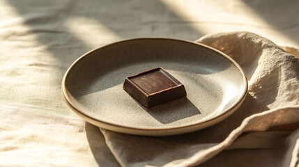 A single square of dark chocolate rests on a speckled plate, bathed in sunlight.