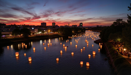 Fototapeta premium Floating lanterns illuminate scenic river at dusk, peaceful celebration