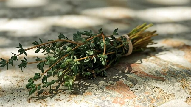 A small bundle of fresh thyme sprigs rests on a textured stone surface, casting shadows.