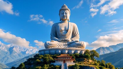Obraz premium Majestic buddha statue amidst serene mountain landscape