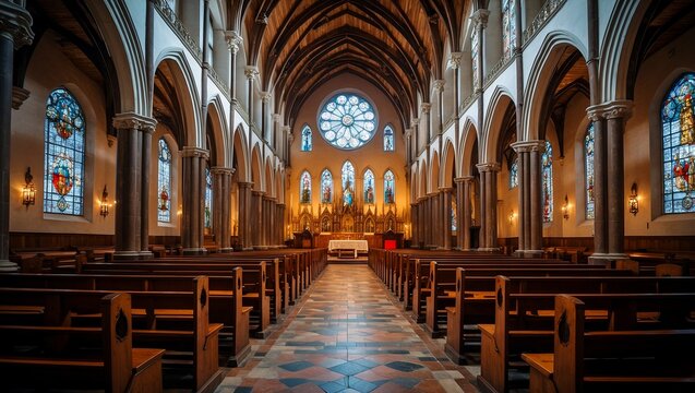 Majestic cathedral interior featuring wooden pews and stained glass