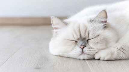Fototapeta premium A fluffy white cat peacefully sleeping on a wooden floor, showcasing its serene expression and relaxed posture.