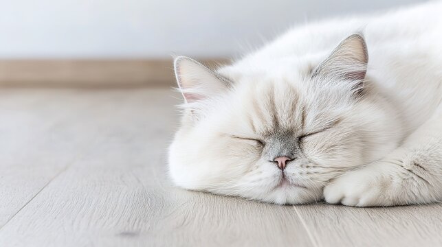A fluffy white cat peacefully sleeping on a wooden floor, showcasing its serene expression and relaxed posture.