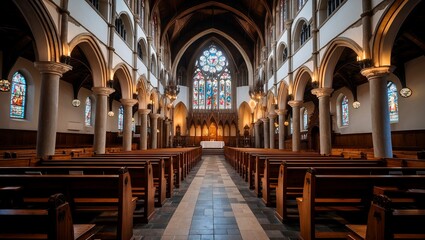 Majestic interior of historic cathedral with stained glass