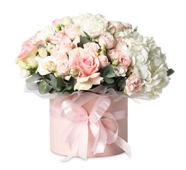 Bouquet of beautiful flowers in box isolated on white
