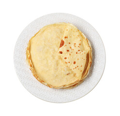 Stack of delicious crepes isolated on white, top view