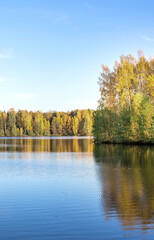 Lake with trees in the background and a clear blue sky