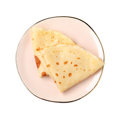 Delicious folded crepes isolated on white, top view