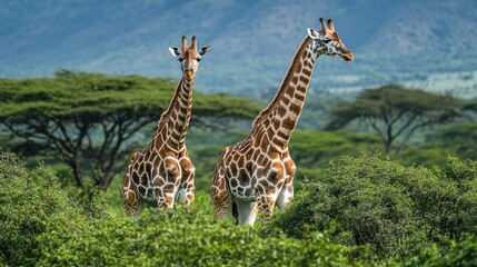 Obraz premium Two giraffes in the midst of their love, showing affection in the savannah backdrop, with lush green trees. World Wildlife Day concept campaign.