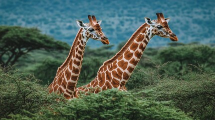 Obraz premium Two giraffes in the midst of their love, showing affection in the savannah backdrop, with lush green trees. World Wildlife Day concept campaign.