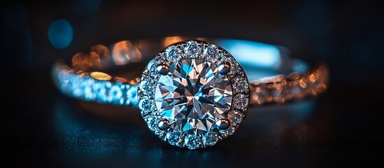 Elegant diamond engagement ring on a dark surface, illuminated by soft blue and orange lighting