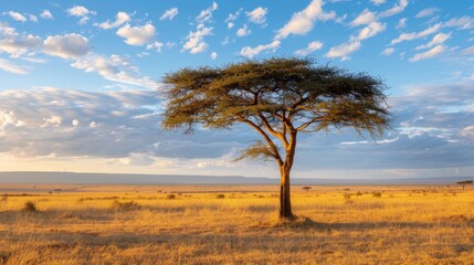 Obraz premium Golden savanna sunset. A lone acacia casts a long shadow. Serene landscape under a vibrant sky with fluffy clouds. Peaceful African scene.