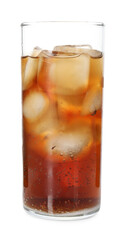 Refreshing cola with ice cubes in glass isolated on white