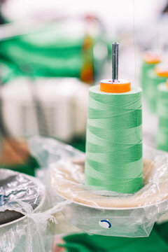 Spools of green thread in a textile workshop during daylight