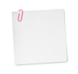 Blank paper note attached with clip isolated on white, top view