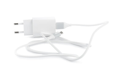 USB power adapter with charge cable isolated on white