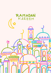 Fototapeta premium Ramadan Kareem or Eid Mubarak Islamic icon with mosque, lantern, lamp, cressent moon vector illustration background vector design.