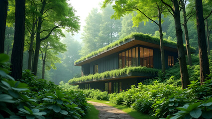 Modern eco friendly house surrounded by lush forest greenery