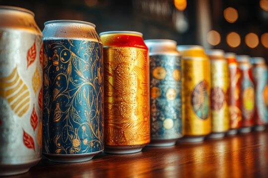 Craft beer cans on bar, bokeh background, pub