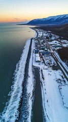Coastal Alaskan Town Winter Sunset Aerial View