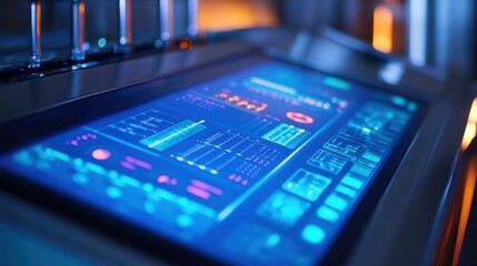 A detailed medium closeup of an illuminated control panel displaying a touchscreen interface with colorful graphics indicating various operational settings and progress indicators for