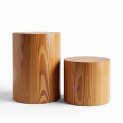 Crisp White Background Highlights Sleek Wooden Cylindrical Stools with Natural Polished Design