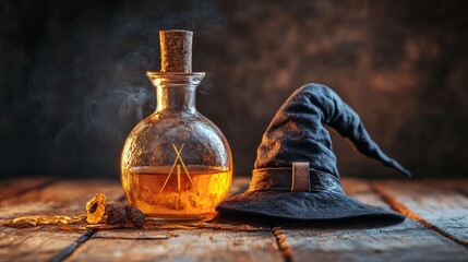 Witchcraft potion smoking in glass bottle with a witch hat on a rustic wooden table