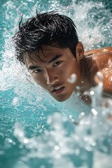 Young man swimming underwater with splashing water