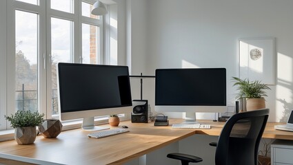 Modern office workspace with dual monitors and natural light