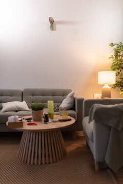 Cozy interior with mess on tea table