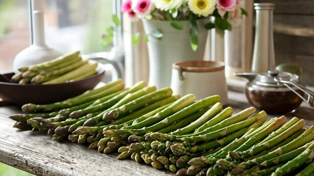 Green asparagus arranged on rustic table, soft lighting, blurred background.
