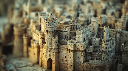 Miniature medieval castle handcrafted with fine architectural details, placed on a textured surface with soft depth of field