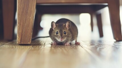 Curious small mouse hiding under wooden chair in cozy room