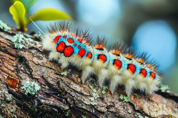 Hairy Caterpillar with Red and Blue Spots crawling on Tree Bark in natural habitat.