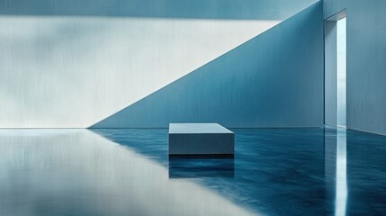 Obraz premium Minimalist blue room, platform, sunlight, doorway, reflection, product display
