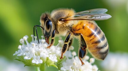 Honeybee pollinating white flower.