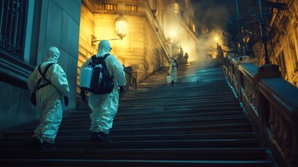 Environmental Cleanup Crew in Protective Gear on Nighttime Street