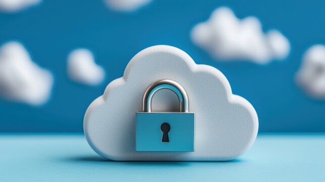 A cloud with a lock symbolizes cloud security and data protection in a digital environment against unauthorized access.