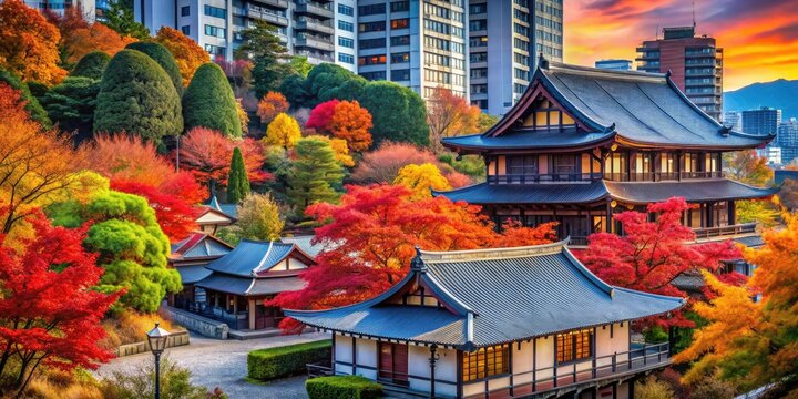 Stunning autumn hues paint Tokyo's temple district; street photography reveals vibrant fall foliage and traditional architecture.