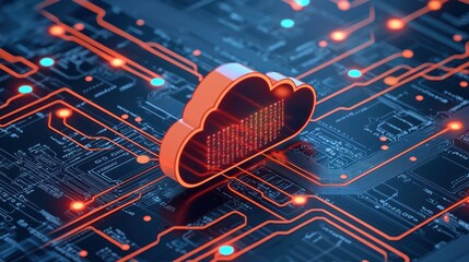 A vibrant cloud icon sits on a circuit board, symbolizing cloud computing and digital connectivity...