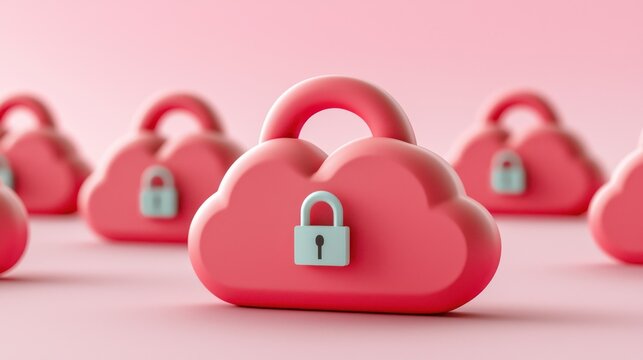 A collection of pink cloud icons with padlocks, symbolizing cloud security and data protection.